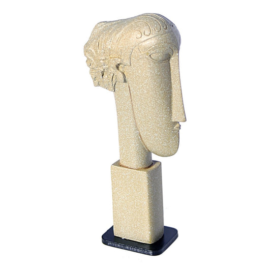 Miniature Modigliani stone head sculpture with elongated female face and black base.