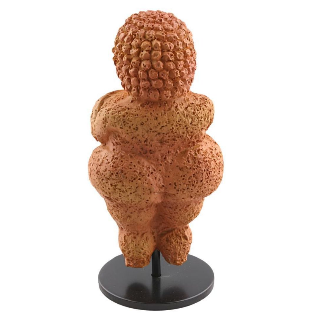 Back view Ice Age mother goddess Venus of Willendorf miniature sculpture with detachable display stand.