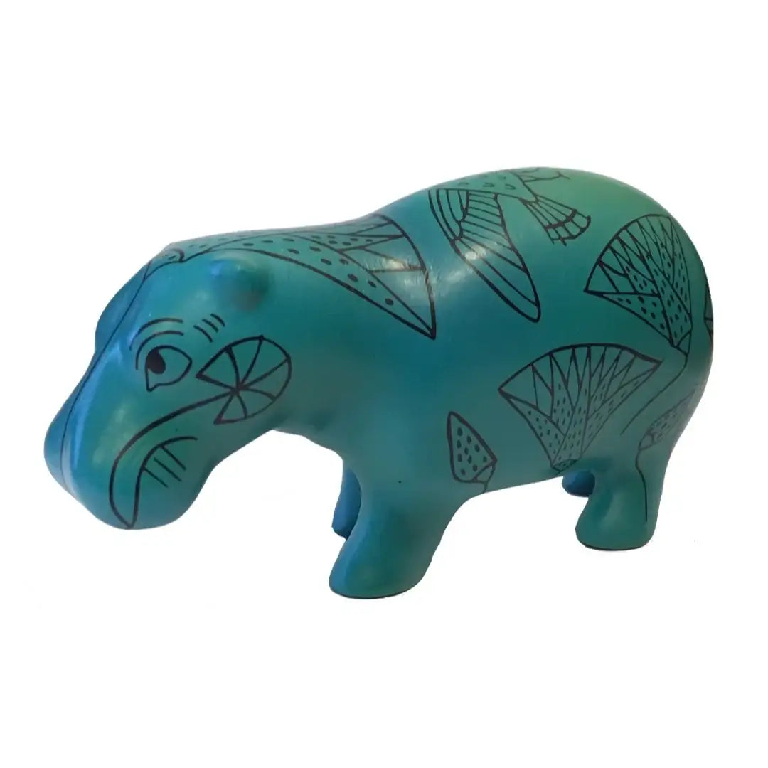Egyptian Blue Hippo Statue with Papyrus Motifs – Pocket Art Miniature - Museumize.com