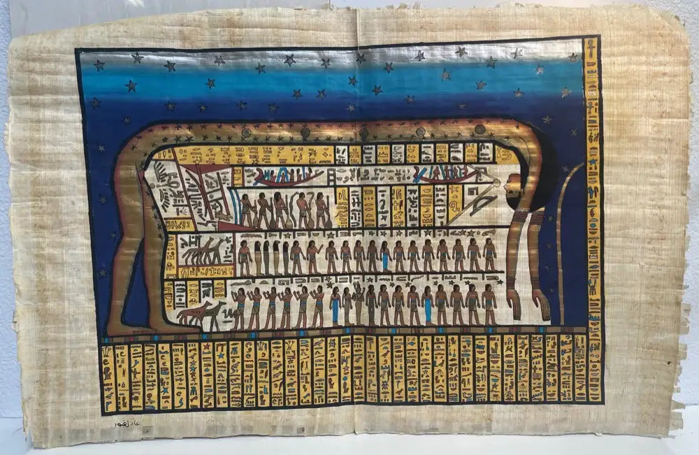 Egyptian sky goddess Nut papyrus painting with figures and hieroglyphs
