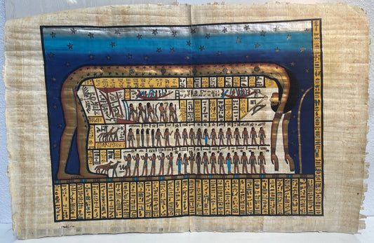 Egyptian sky goddess Nut papyrus painting with figures and hieroglyphs