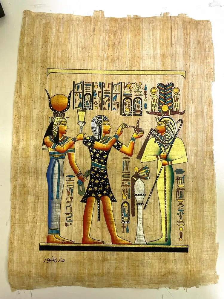 Papyrus with Egyptian-style illustrations and hieroglyphs on a white background