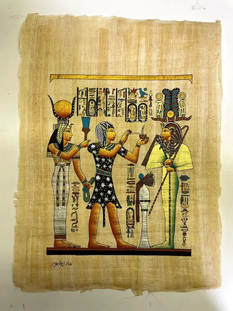 Painted Egyptian gods on papyrus, made in Egypt, part of our Attic Collection with only a few left.