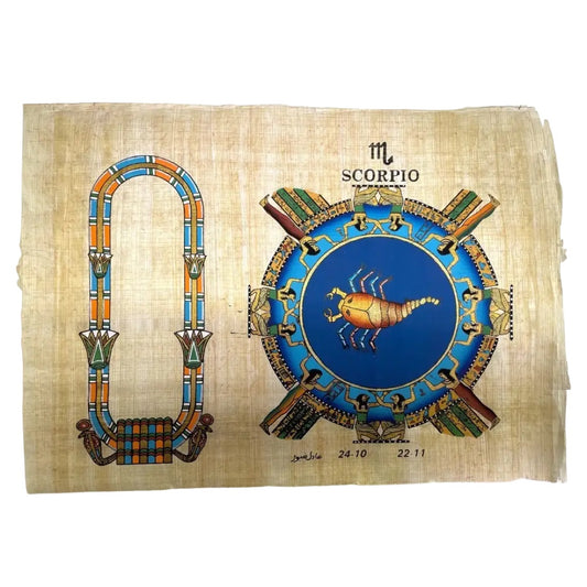 Papyrus Painting Scorpio Zodiac Egyptian Dendera Zodiac and Cartouche, Hand-Finished Metallic Ink AS IS ATTIC no returns