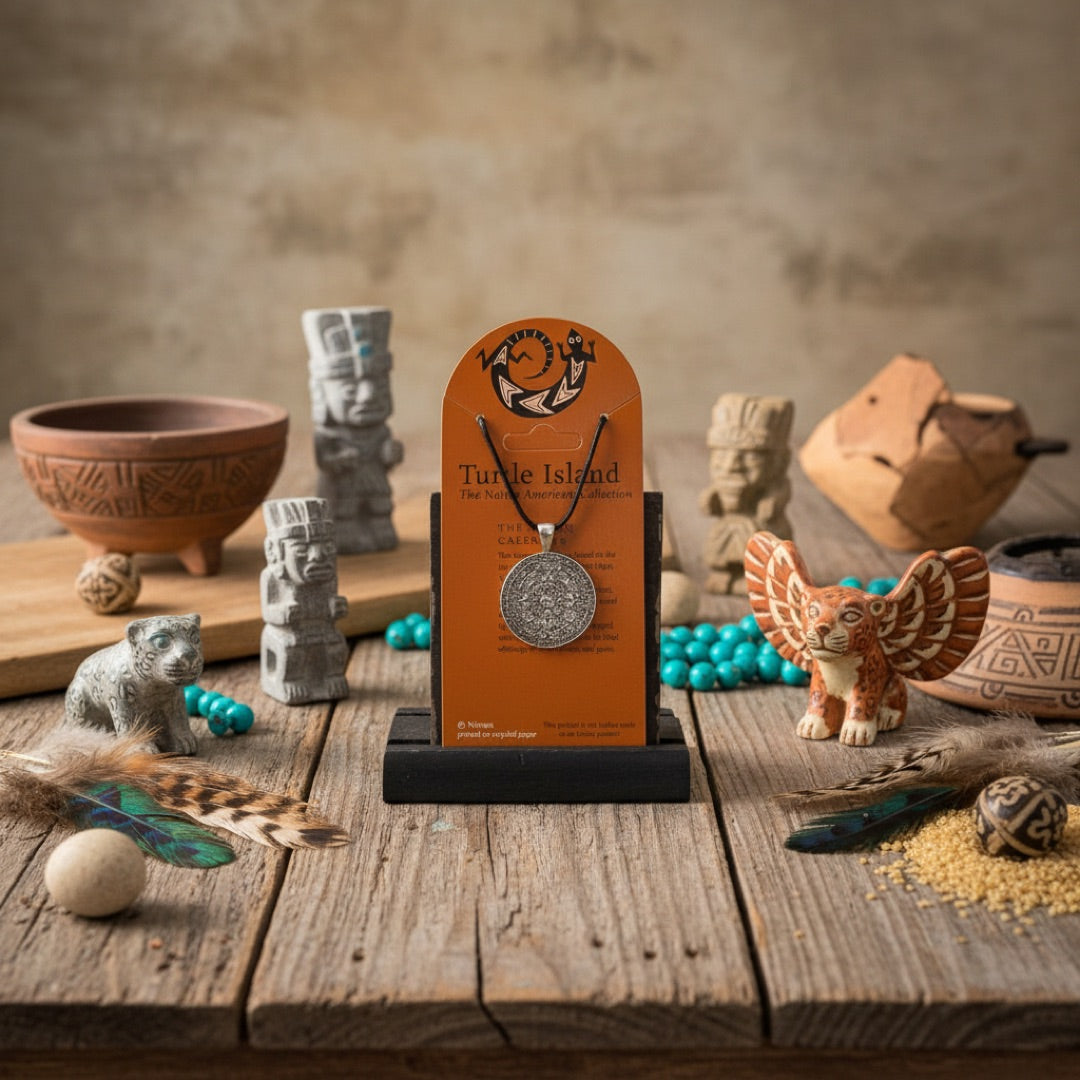 Mayan calendar necklace on table with other mayn aztec figurines