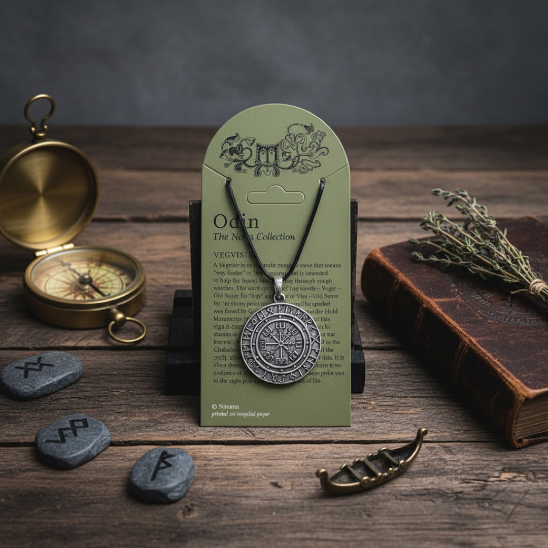 Icelandic compass on table with rune stones and norse items