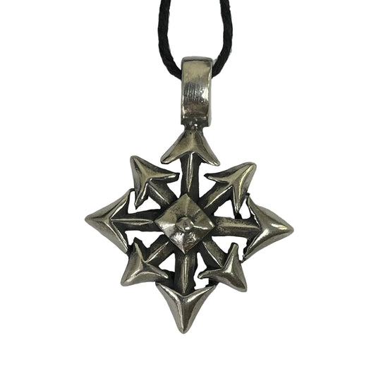 Chaos symbol necklace PDP-2493, lead-free pewter eight-arrow chaos star pendant on a 33 in black cord