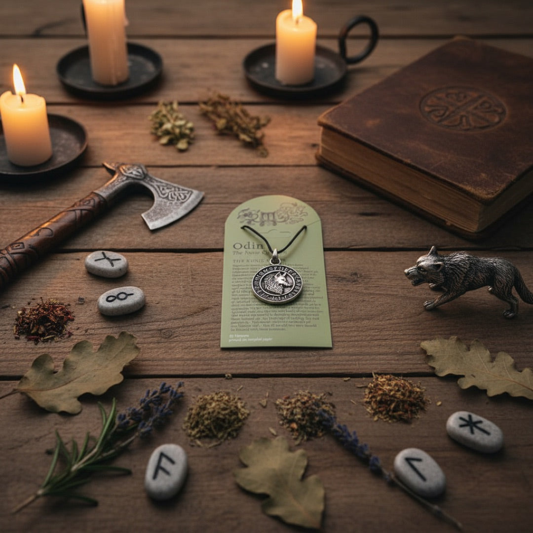 A silver-toned Odin rune pendant necklace displayed on a green hanging card with printed text, photographed against a plain light background.