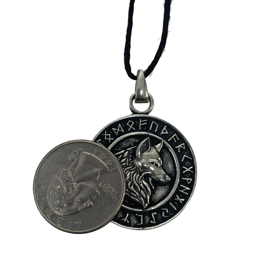 Pagan Pewter Pendant Necklace - Runic Circle with Wolf