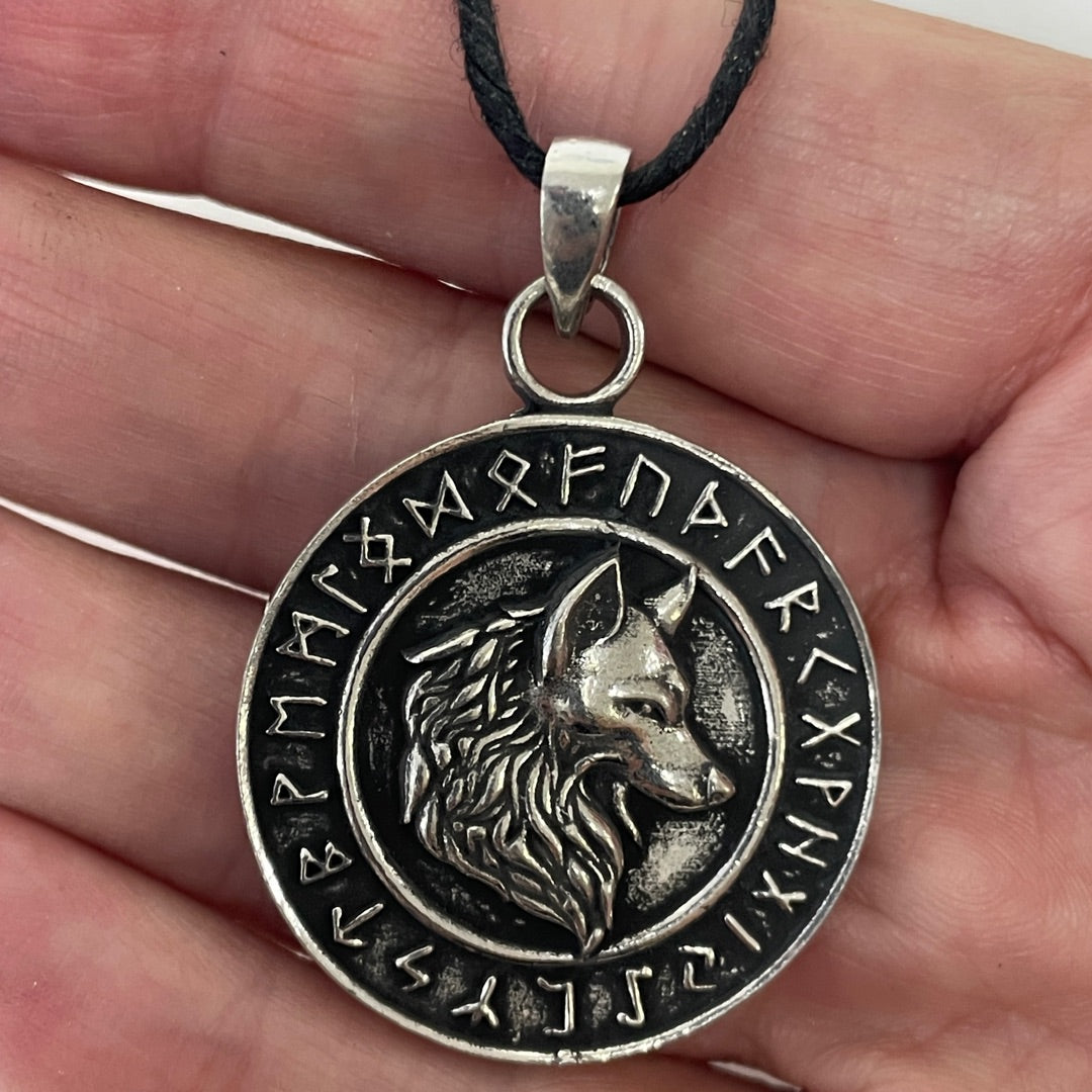 Pagan Pewter Pendant Necklace - Runic Circle with Wolf
