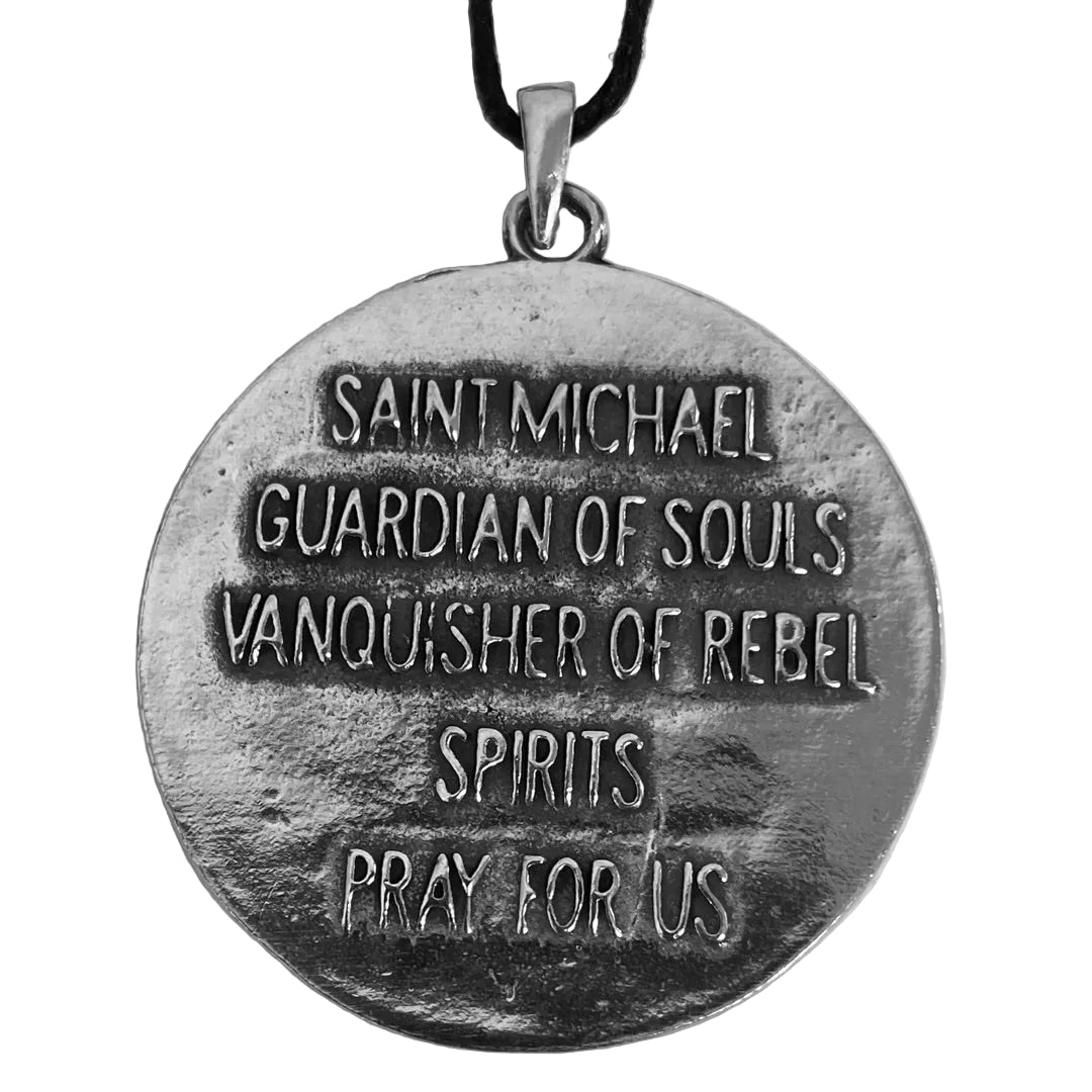 Back View of Saint Michael Guardian of Souls Pewter Pendant, two-sided