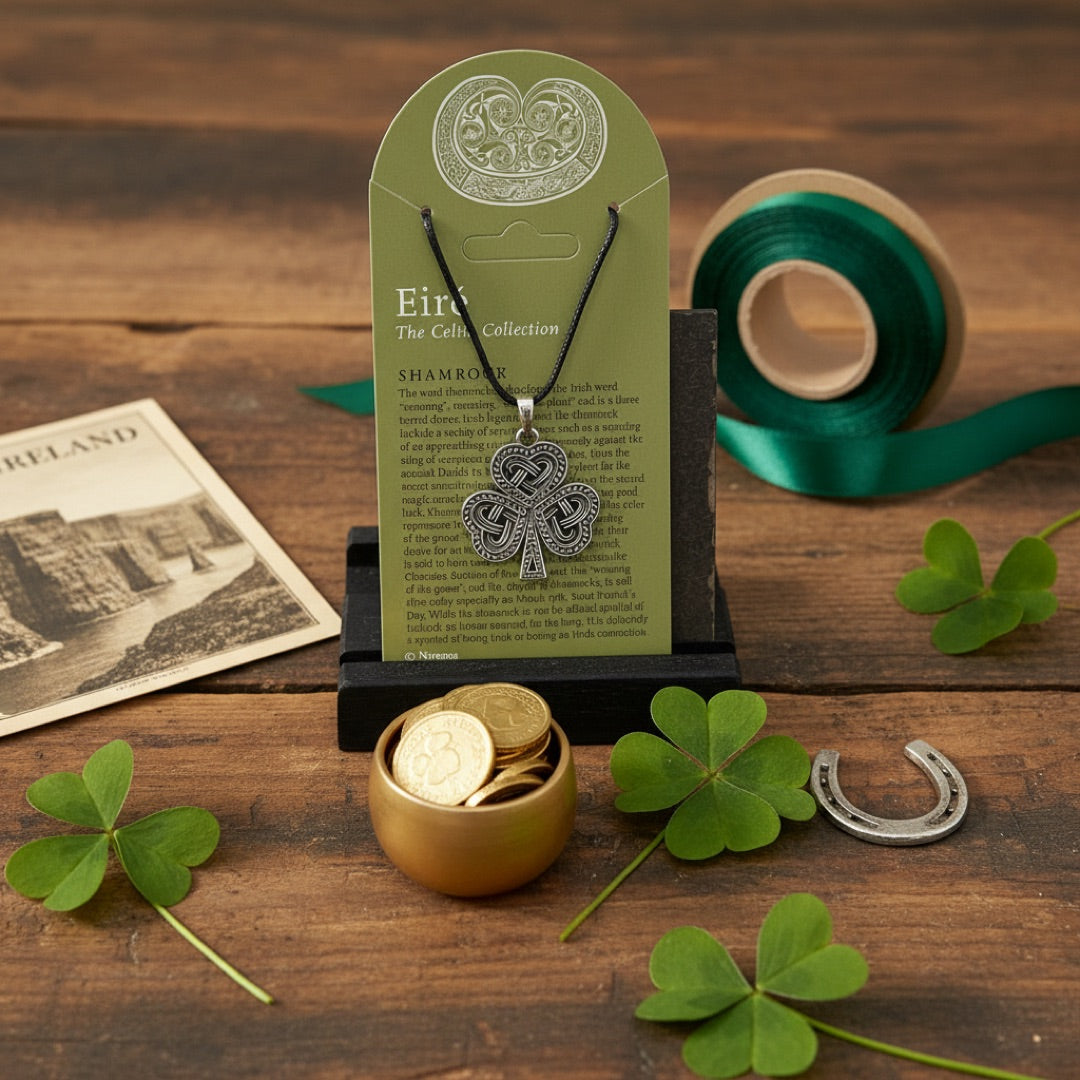 Close view of the three-leaf shamrock on a table with Irish and good luck items