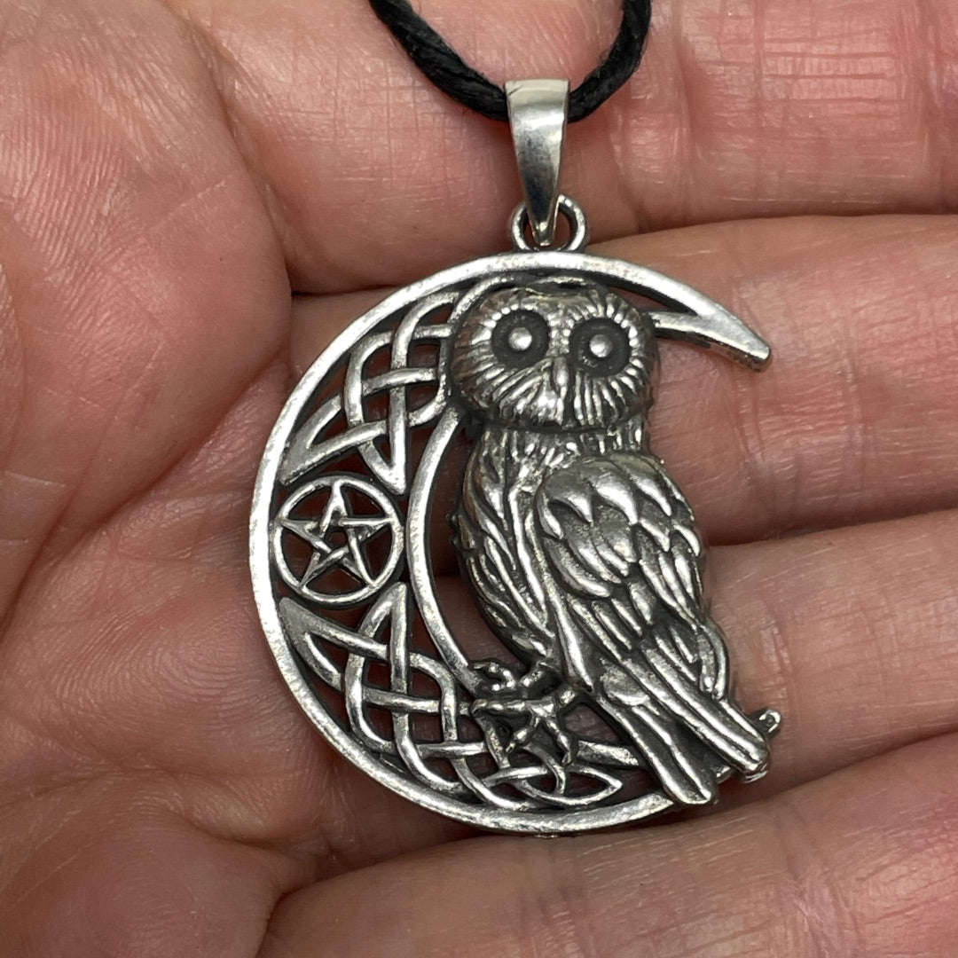 Owl Crescent Moon Wiccan Pewter Necklace Pendant