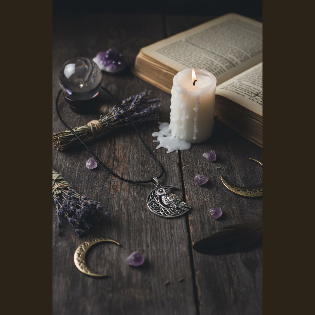 Owl Crescent Moon Wiccan Pewter Necklace Pendant