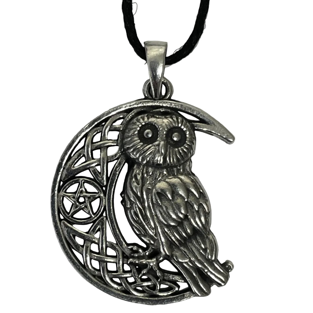 Owl Crescent Moon Wiccan Pewter Necklace Pendant