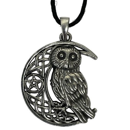 Owl Crescent Moon Wiccan Pewter Necklace Pendant