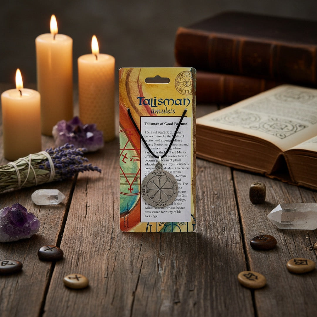 Talisman of Good Fortune pewter pendant on a mystical tabletop beside its Kabbalah legend description card