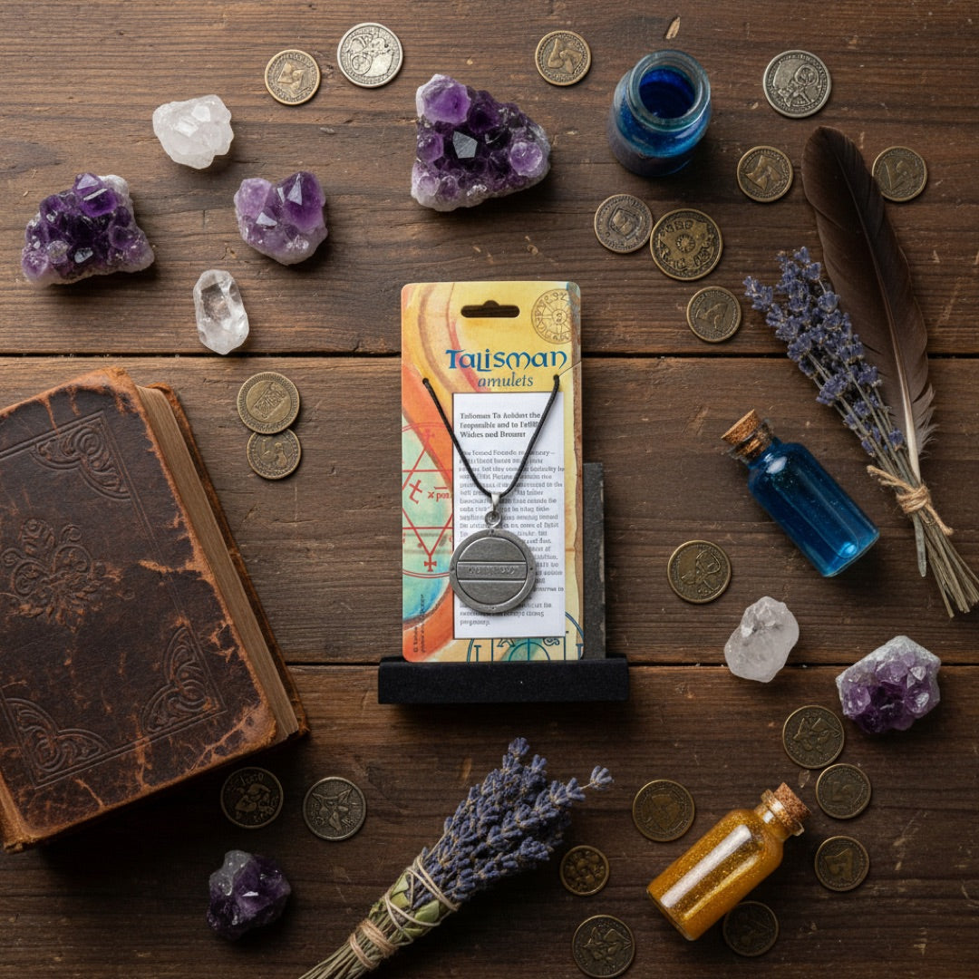 Second Pentacle of Mercury pewter pendant shown amongst occult prosperity items