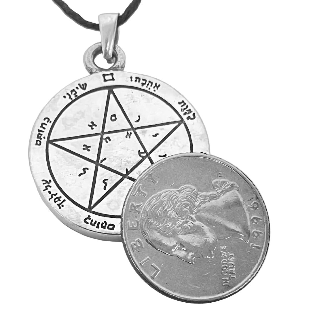 Second Pentacle of Venus pewter pendant shown for scale next to quarter