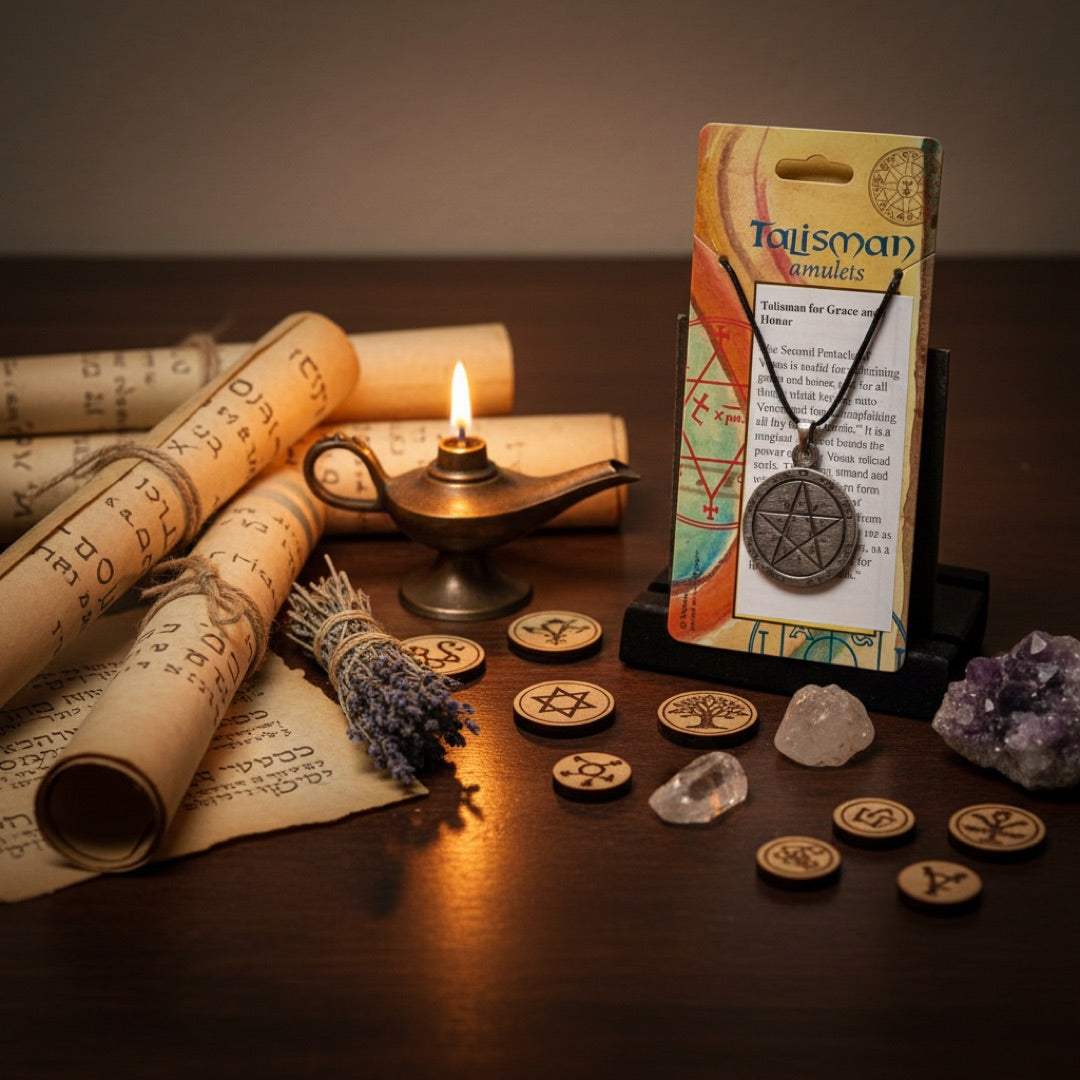 Talisman kabbala for good fortune amongst occult amulets and candle