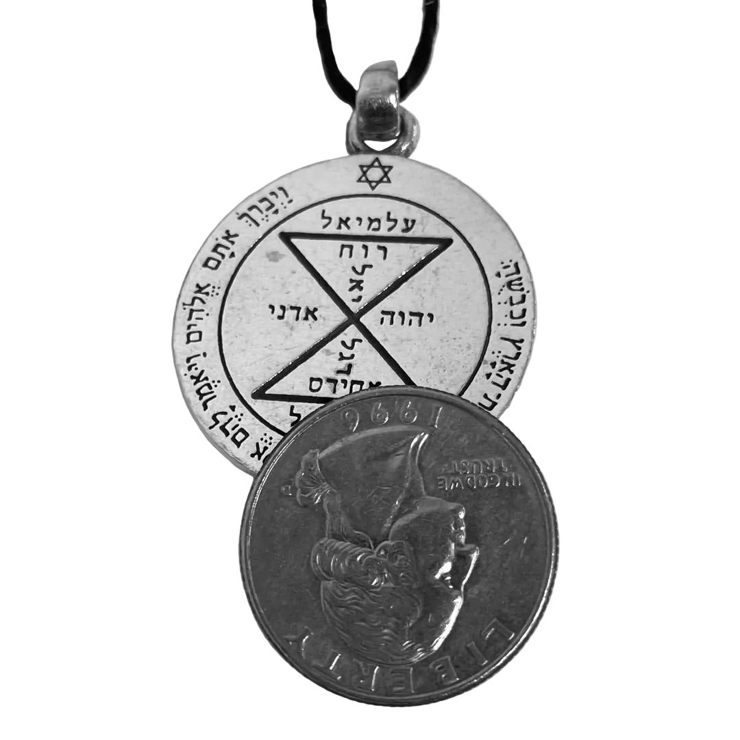 Third Pentacle of Venus pewter pendant shown for scale next to a quarter