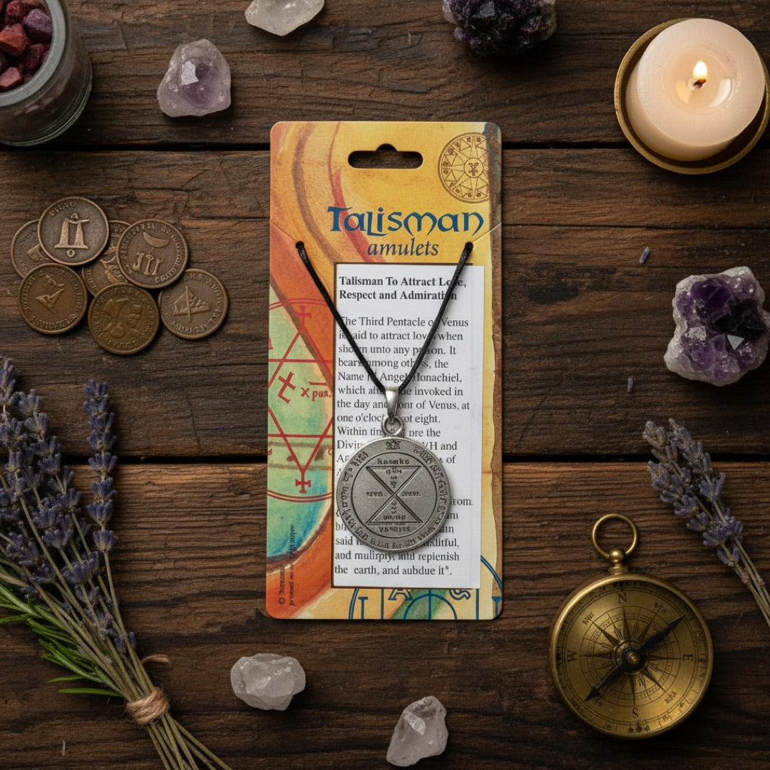 Talisman to attract love, respect and admiration on table of occult items for kabbala