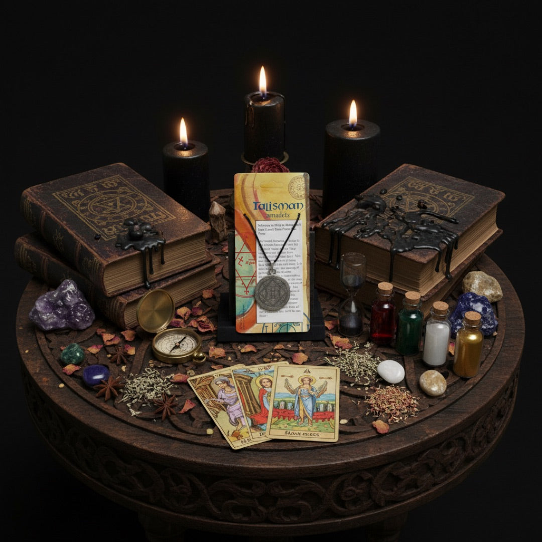 talisman to bring back loved ones on table with pagan items