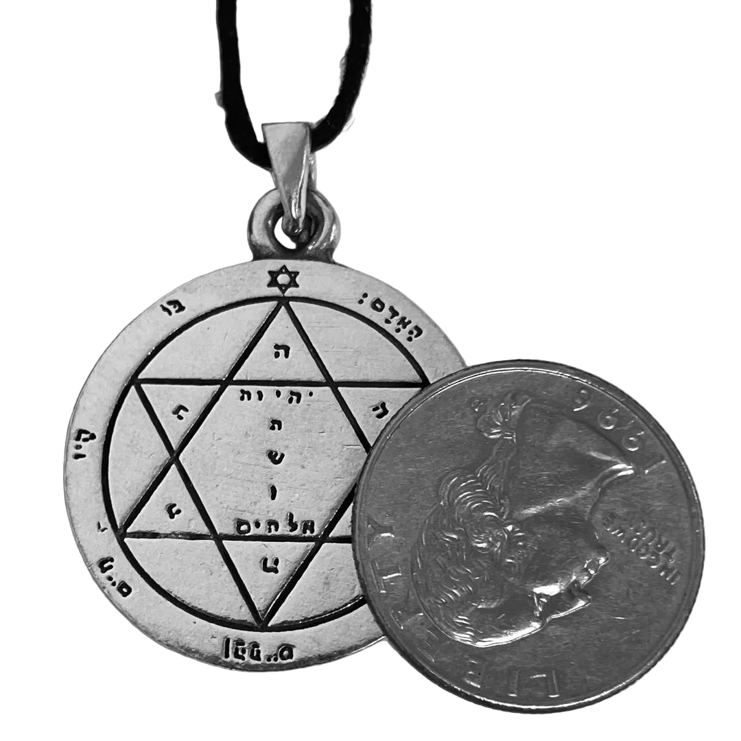 Second Pentacle of Mars pewter pendant shown for scale next to a quarter