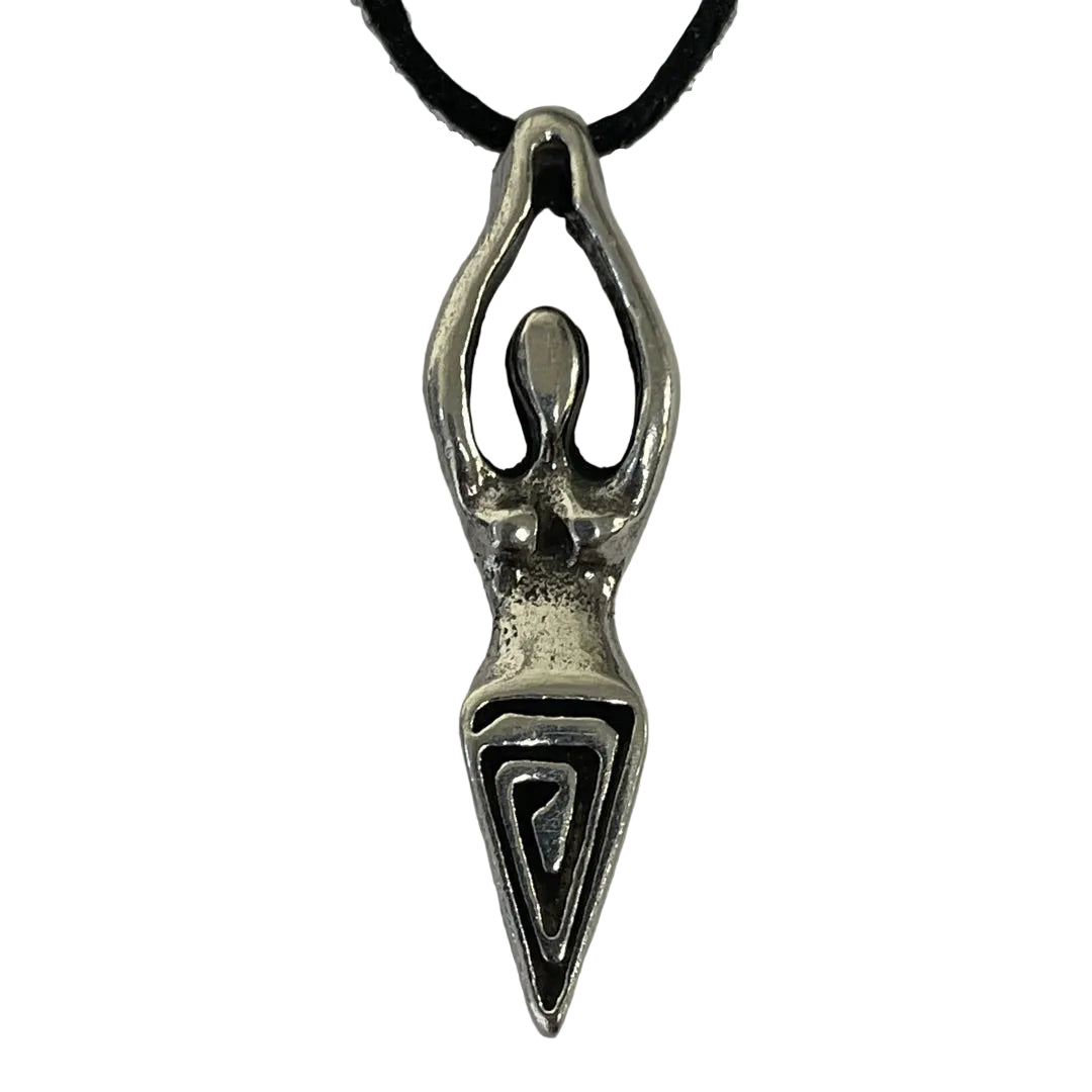 A silver-toned pendant necklace featuring a stylized female figure with raised arms, suspended from a black cord against a plain light background.