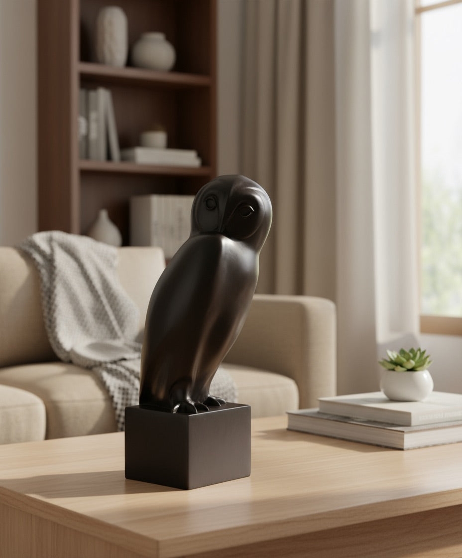 Decorative Pompon owl sculpture on a wooden table in a living room setting.