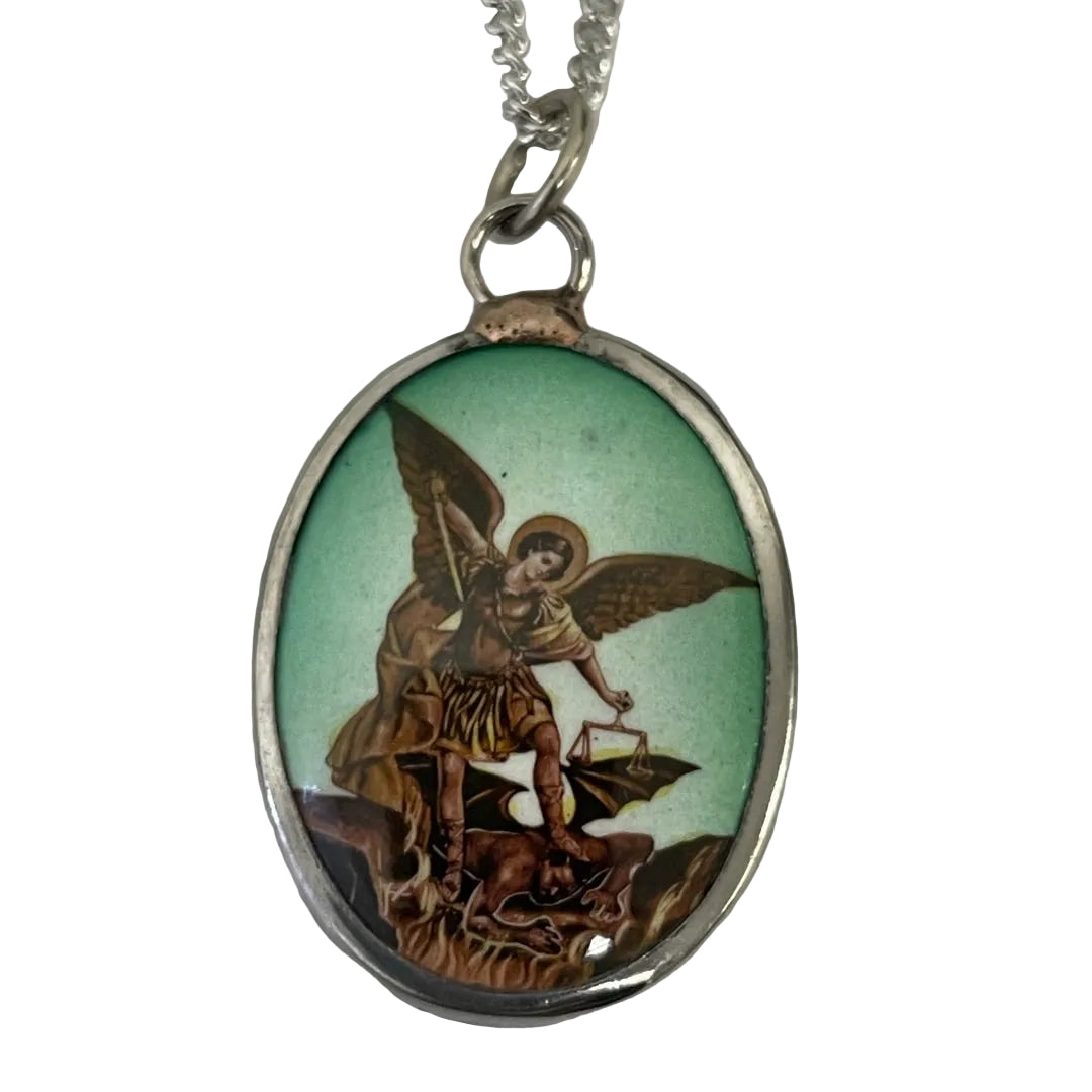 St. Michael protection necklace PST-114, color ceramic image of the archangel over the devil in a pewter frame