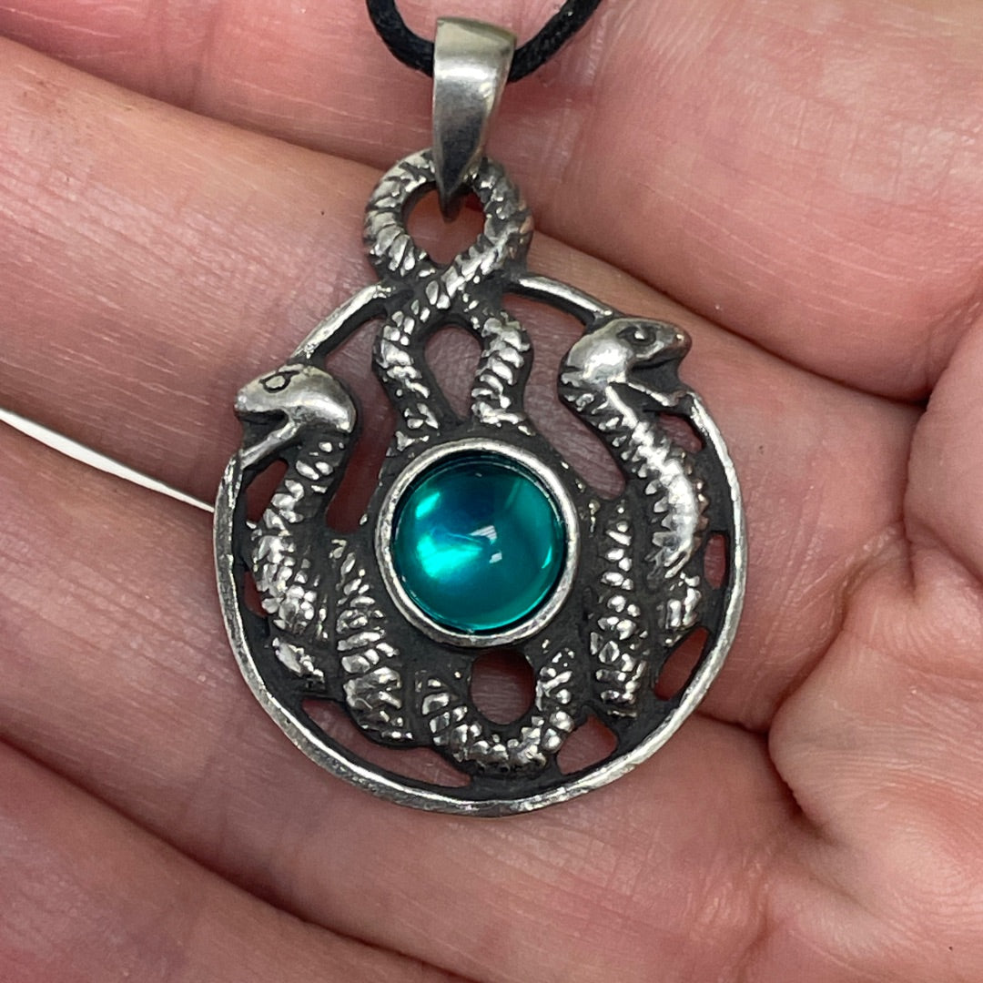 Celtic Snakes Pendant Necklace - Nathair the Snake Druids Green Stone