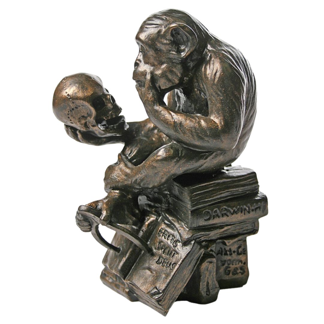Philosophizing Monkey Holding Skull sculpture replica, seated on books, Parastone collection

