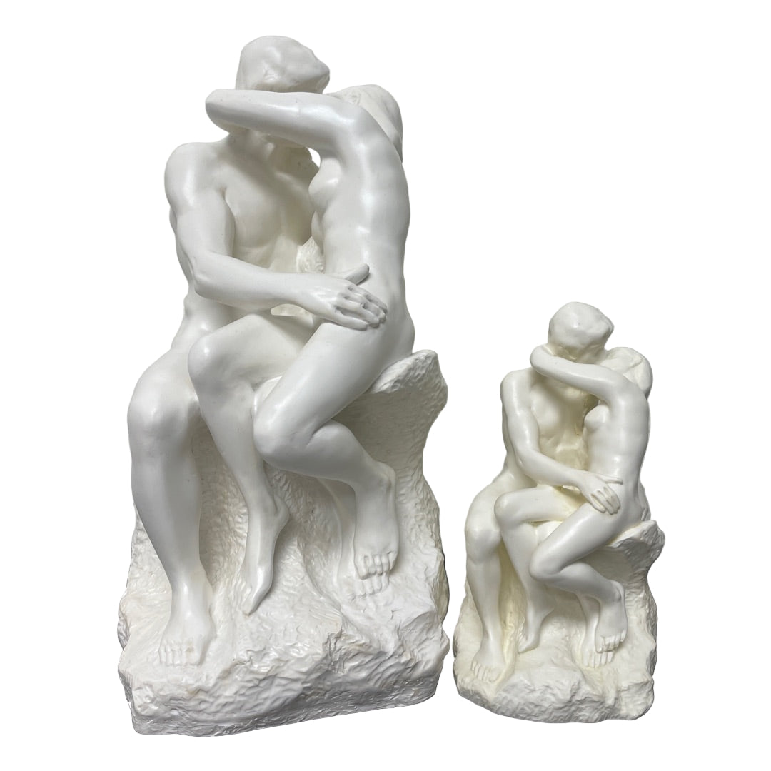 Two sizes of Rodin The Kiss figurine inspired by Dante’s lovers, desk sculpture.