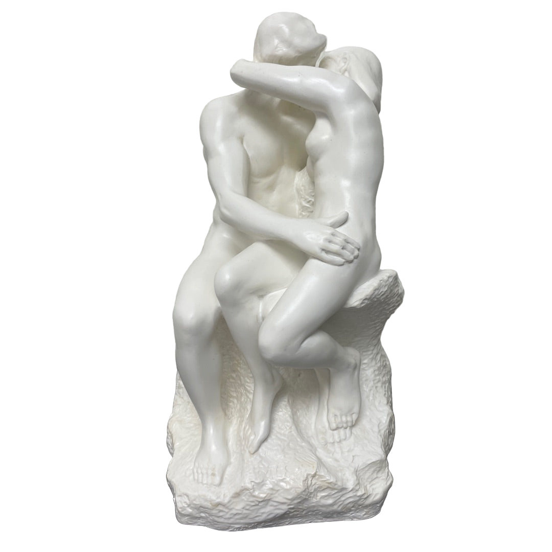 Rodin’s The Kiss statue in white finish, 10 inches tall for desk or shelf.
