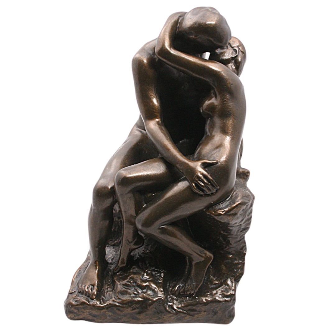 Large Rodin The Kiss bronze finish statue of iconic lovers.