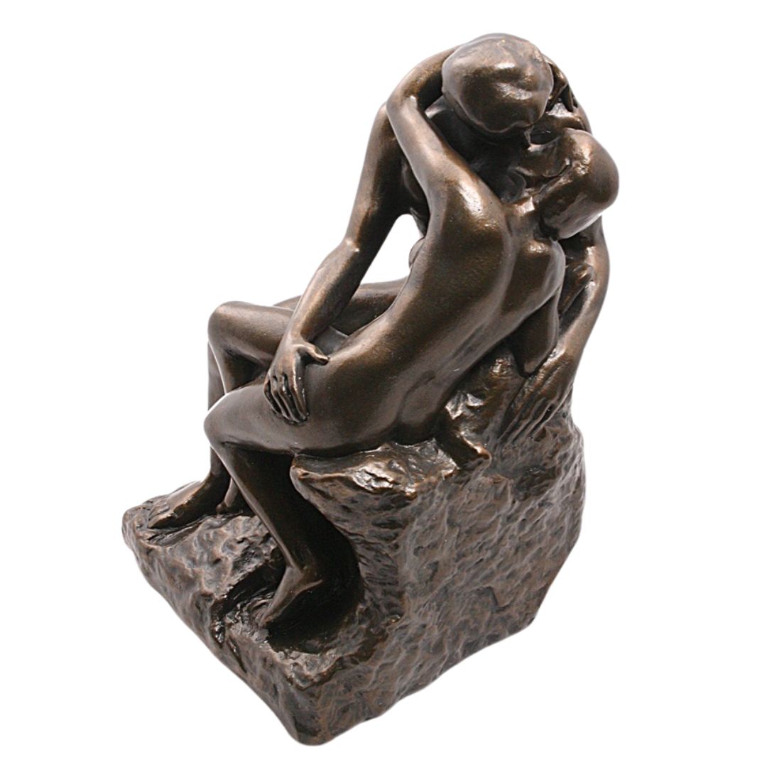 Top view large Rodin The Kiss bronze finish statue of iconic lovers.