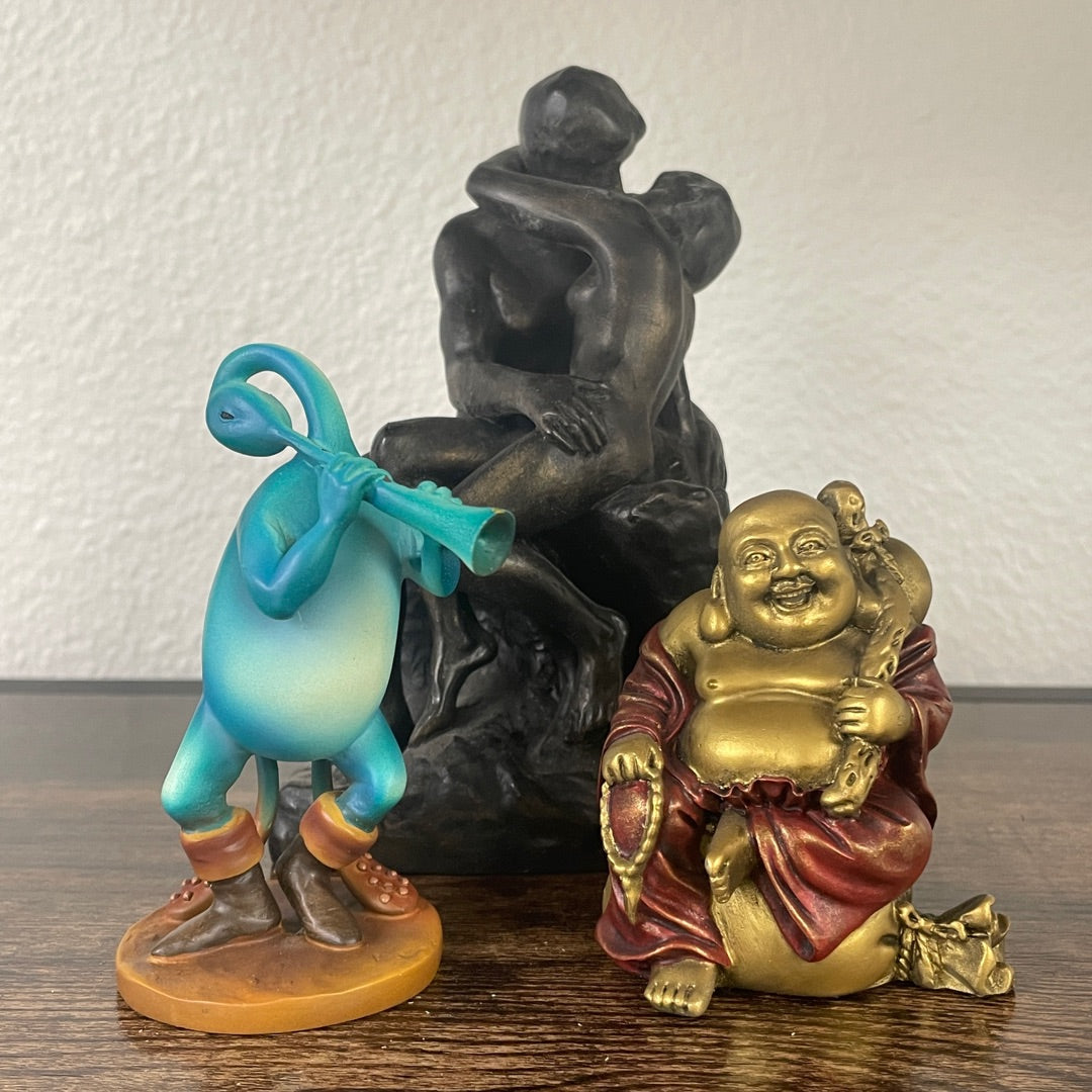 Museum statues group photo, Rodin The Kiss, Hieronymus Bosch Blue Flutist, Happy Buddha