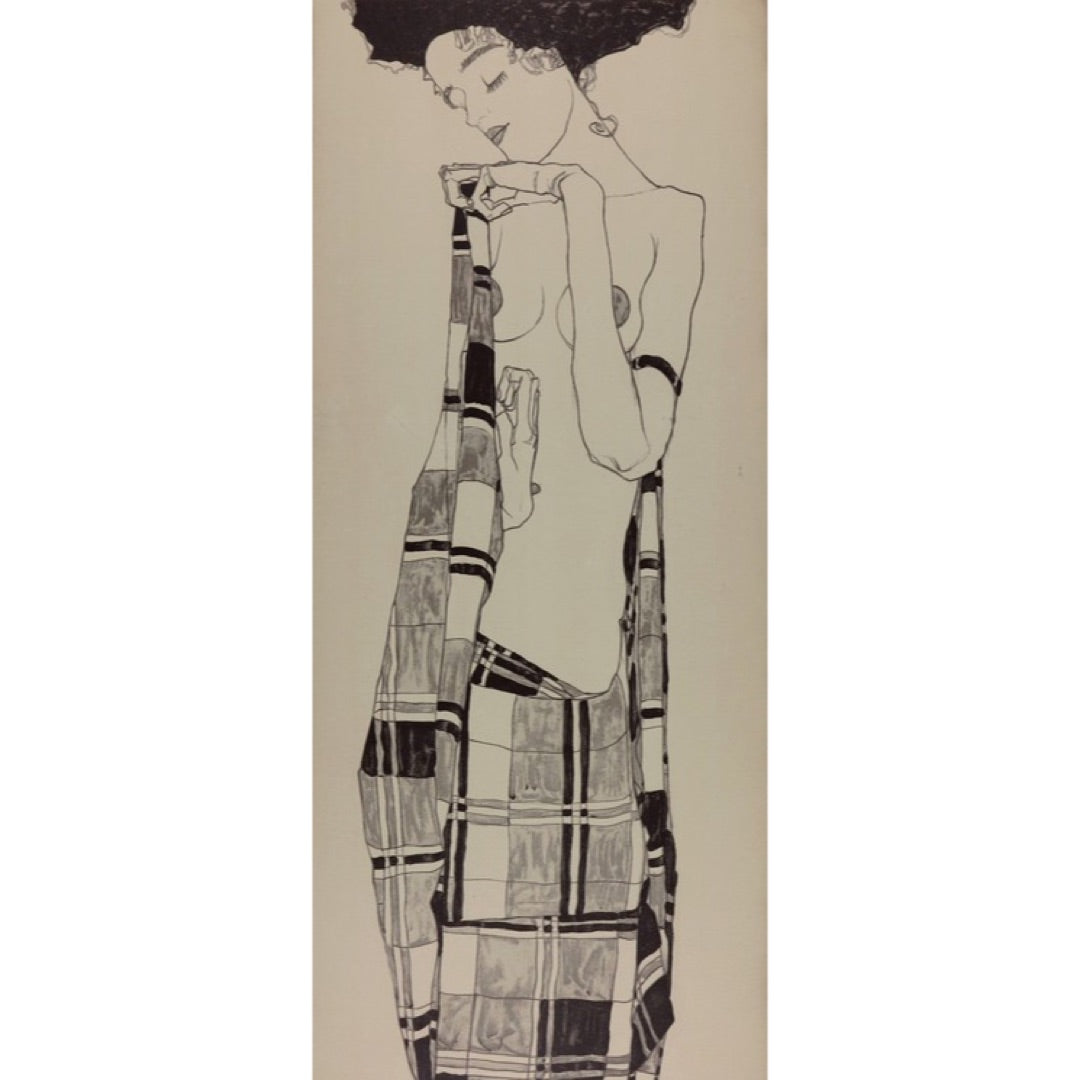 Gertie Schiele Graceful Art Nouveau Portrait in Checkered Cloth by Egon Schiele 11.5H