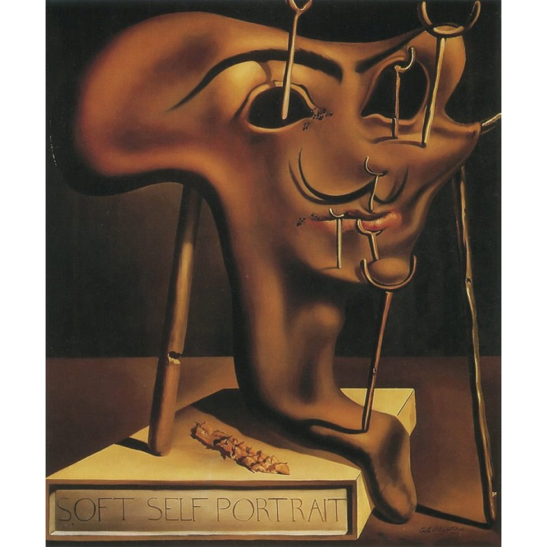 Original Dalí painting Soft Self Portrait with Fried Bacon, showing melting face and support sticks.