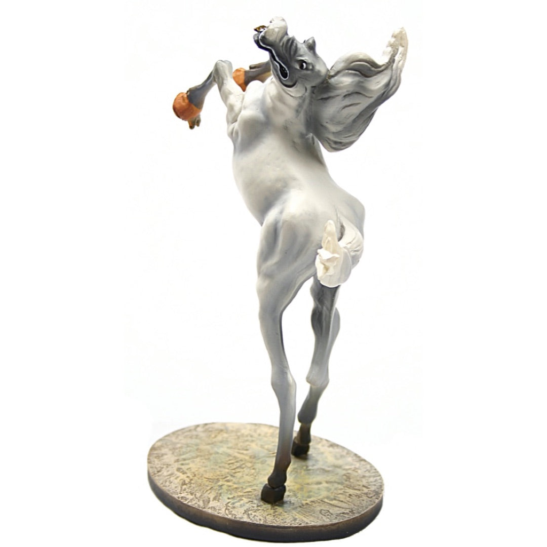 Back view of Dalí Rearing Horse statue with elongated surreal legs by Parastone.