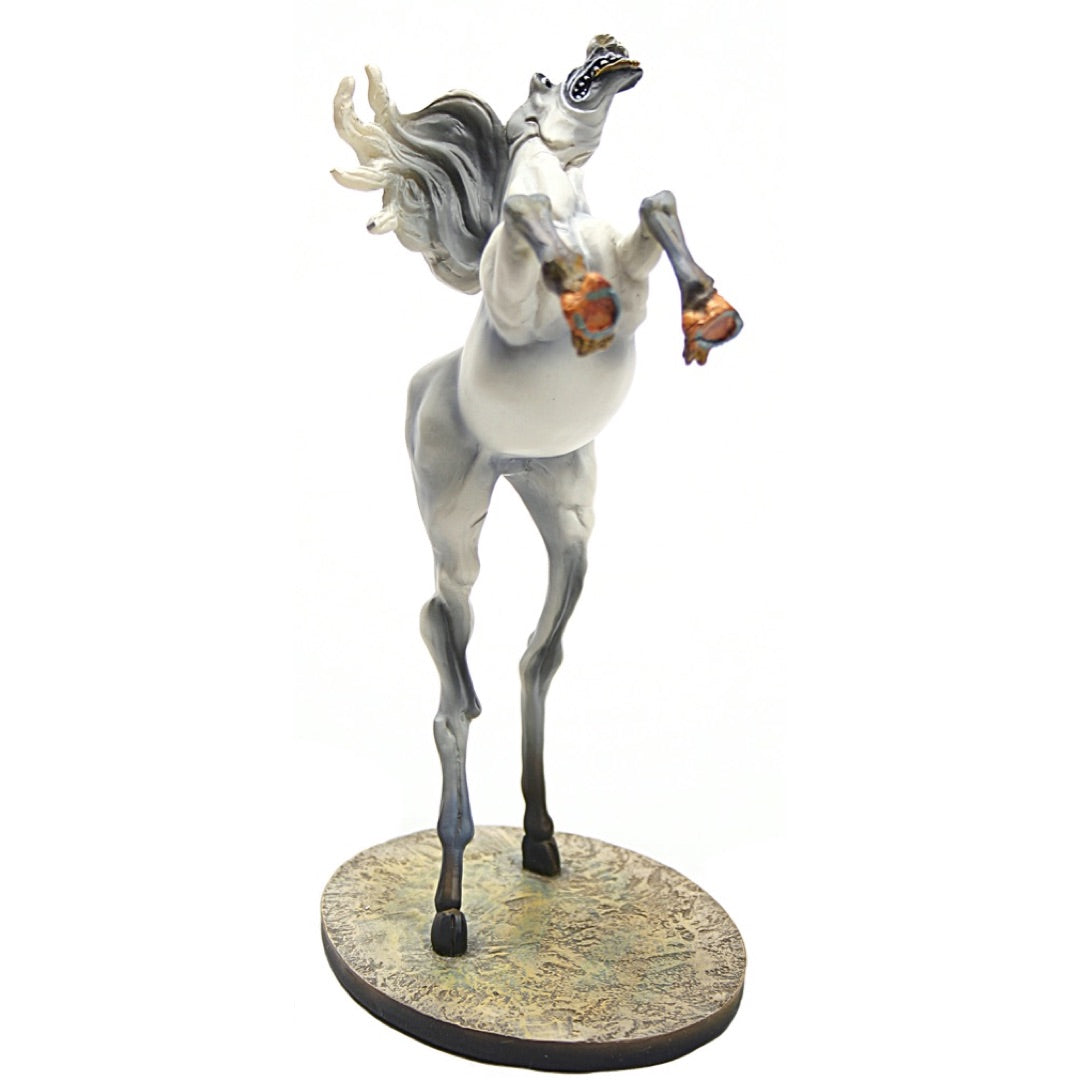 Dalí Rearing Horse statue with thin spindle legs and surreal detail, inspired by The Temptation of Saint Anthony.