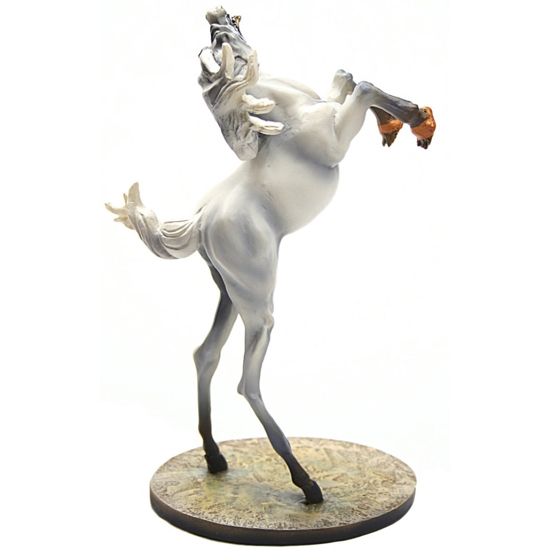 Side angle of Dalí Rearing Horse replica showing surreal legs and balanced pose.