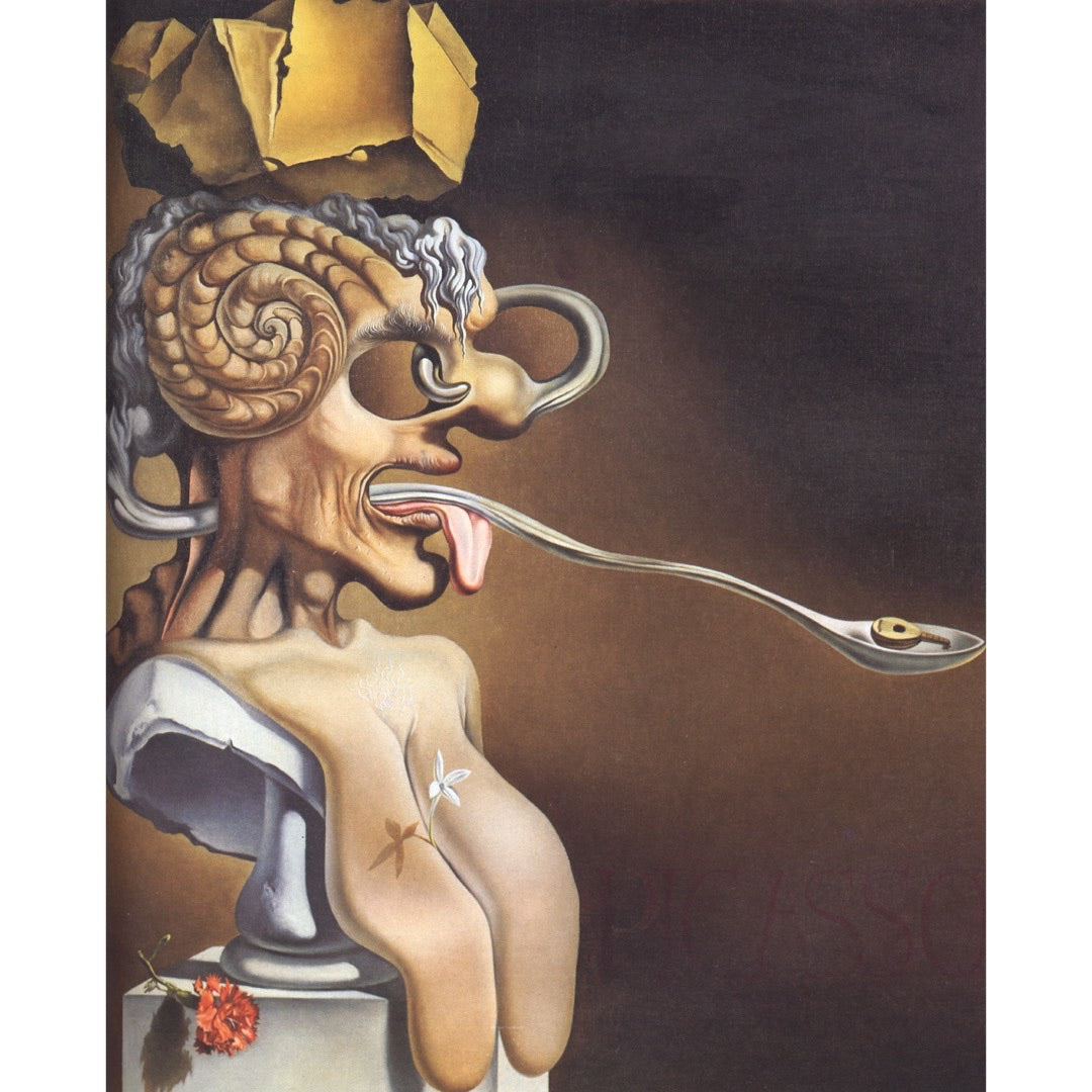 Surrealistic artwork of a figure with a spoon in its mouth original painting by Salvador Dali.
