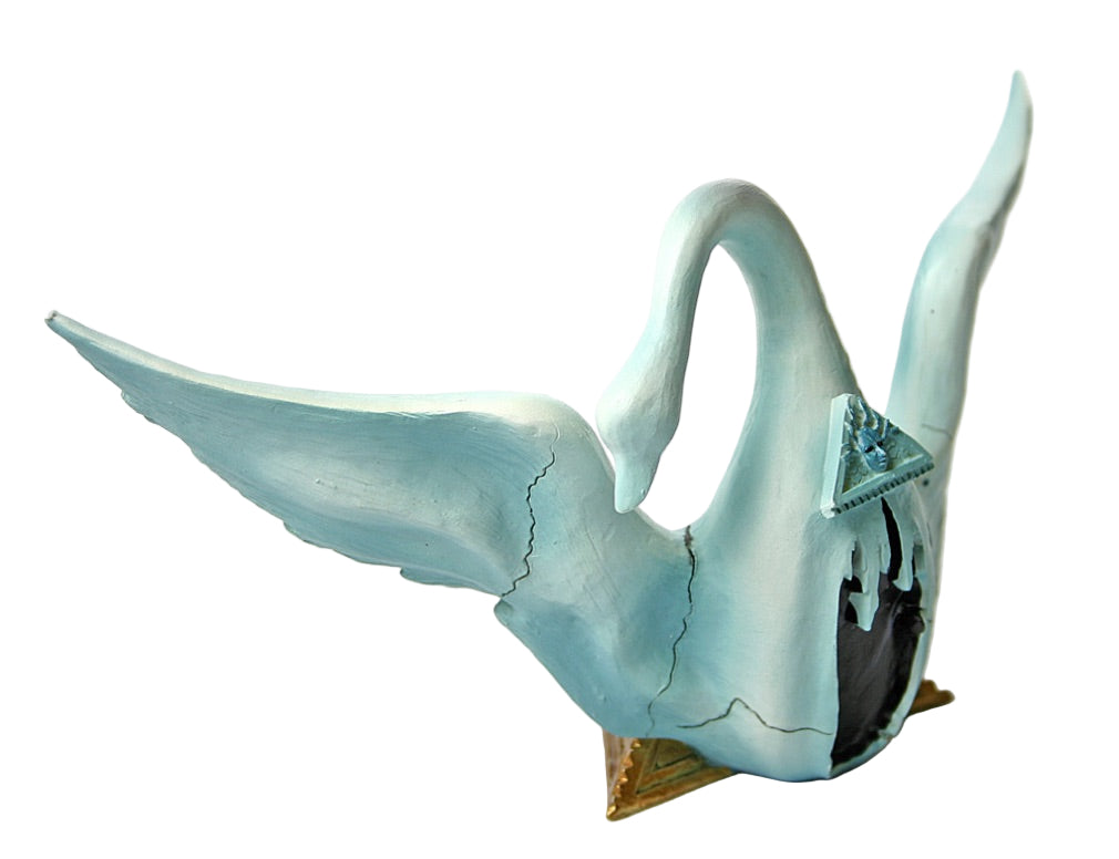 Surreal blue swan sculpture with cracked texture and geometric details on white background