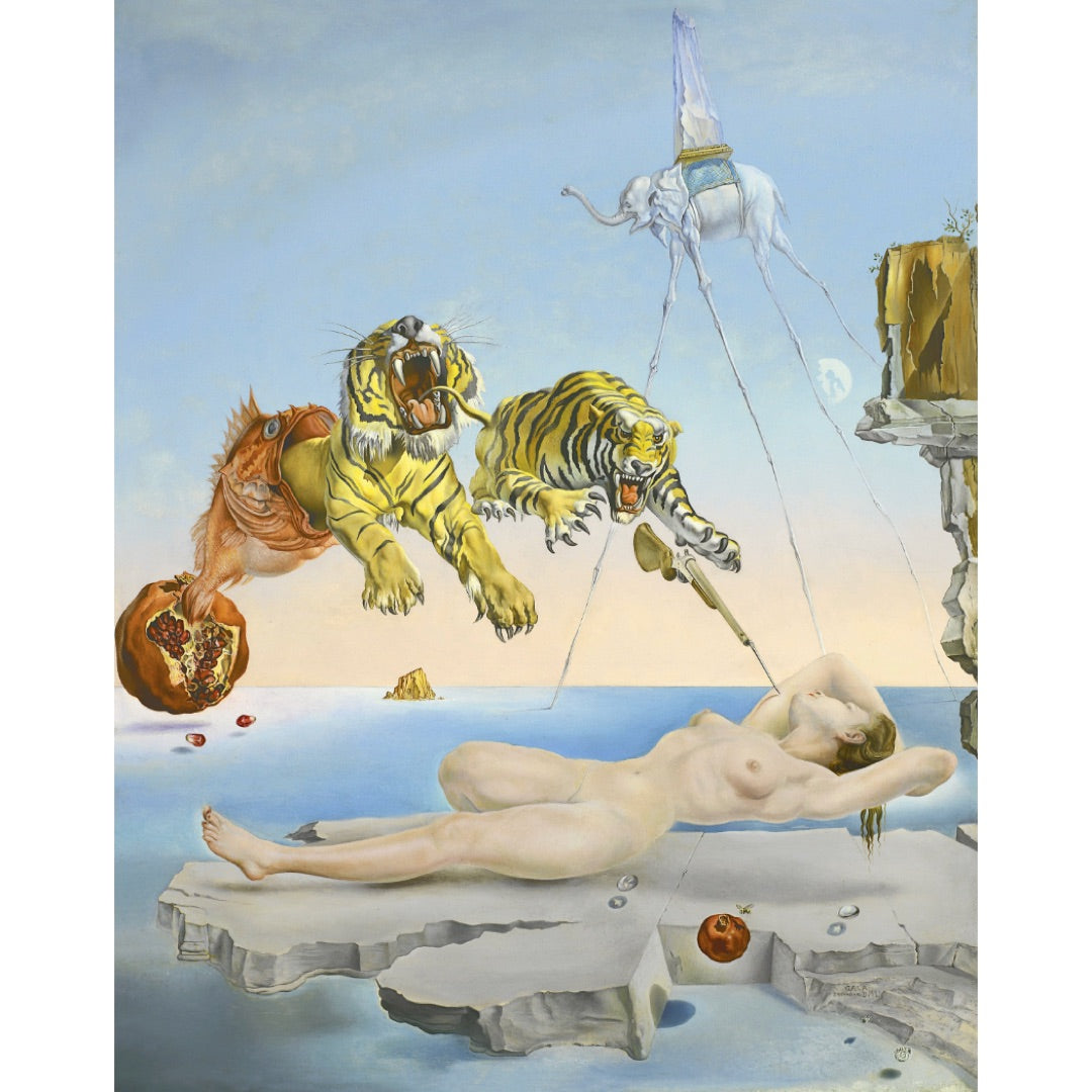 Original Dalí painting with tiger emerging from fish in surreal dream scene with Pomegranate.