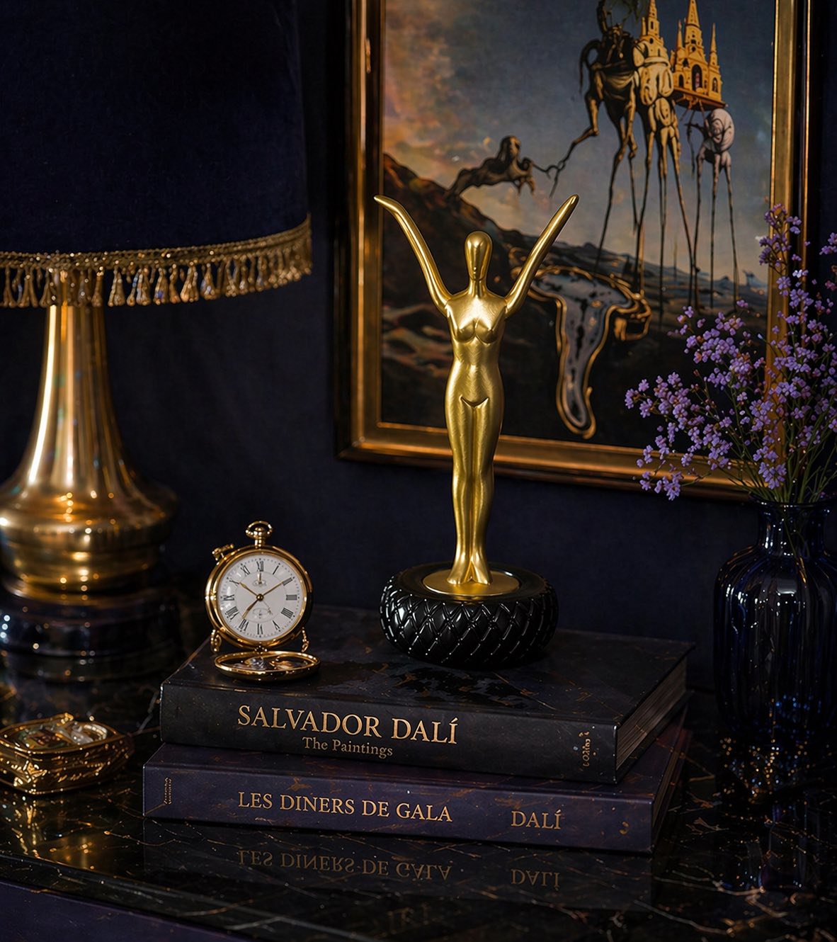Dalí Welcome Statue – Gold Surreal Figurine on Tire from Dali Theater