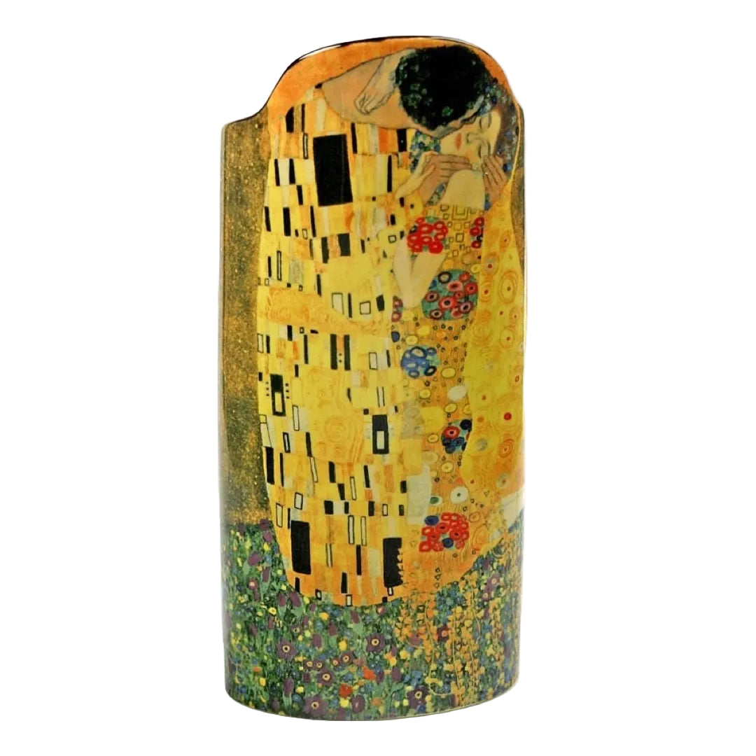 Tall ceramic vase inspired by Gustav Klimt’s The Kiss with decorative Art Nouveau surface