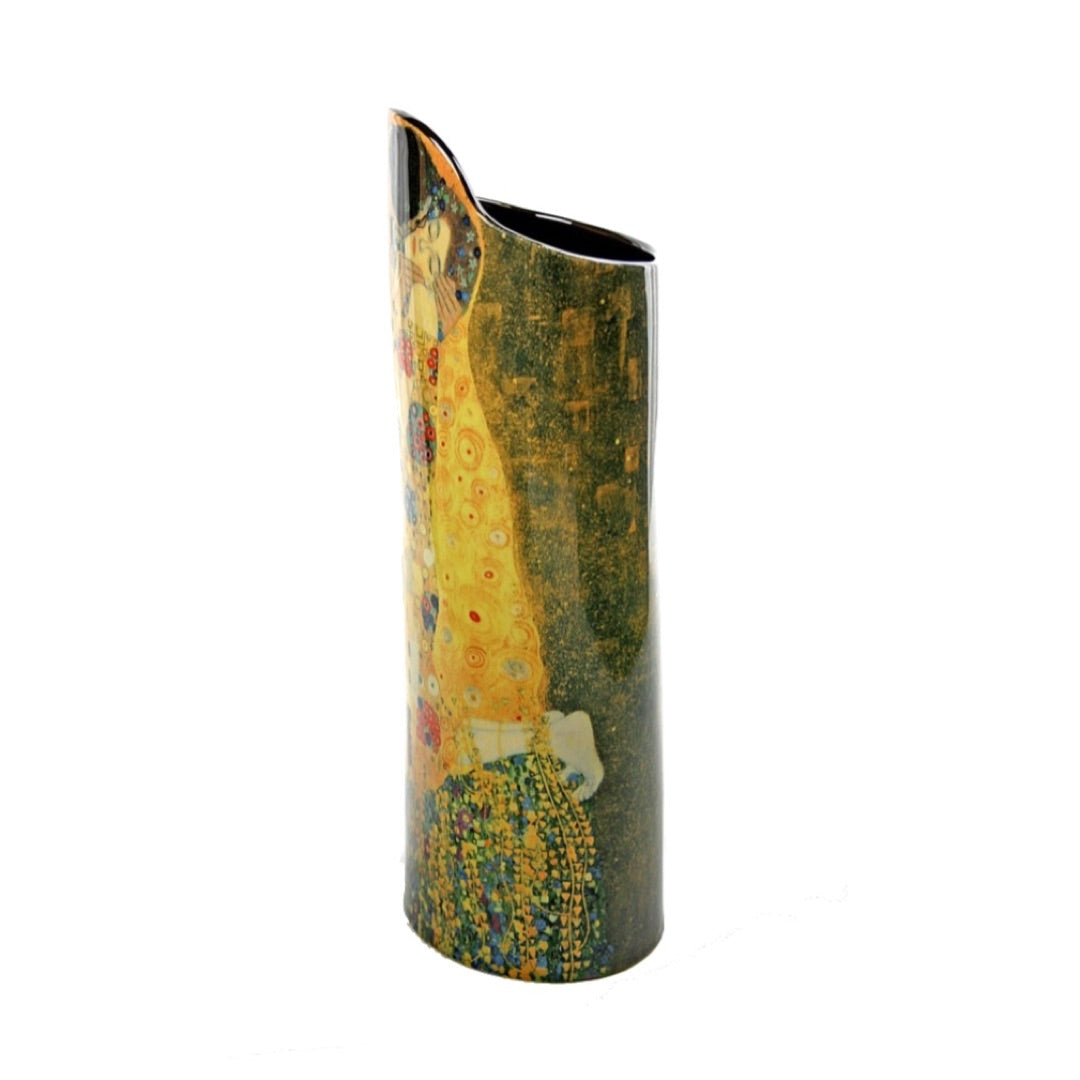 Klimt The Kiss museum art vase featuring gilded geometric details and floral meadow base