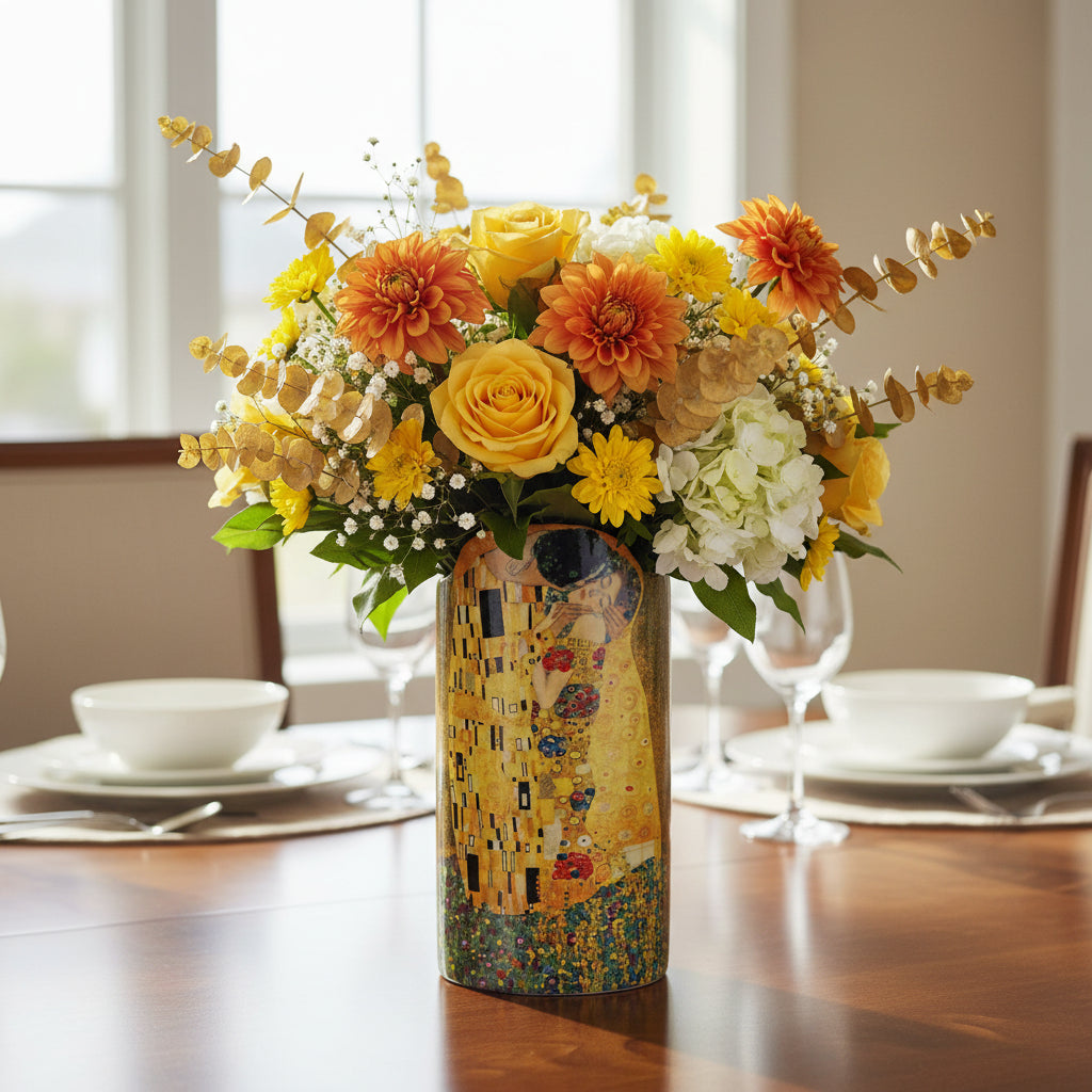 Vase with Klimt's 'The Kiss' design holding flowers